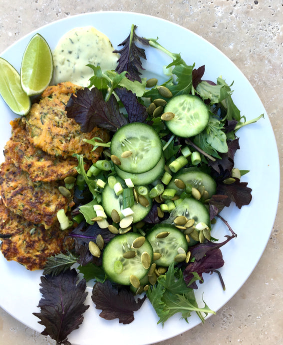 Zucchini Fritters with Cucumber Salad