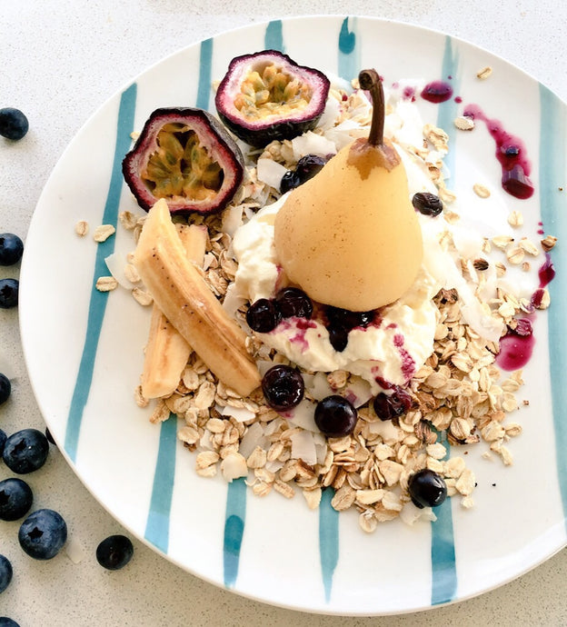 Mmmonday Poached Pear Passionfruit and Blueberry Coconut Oats